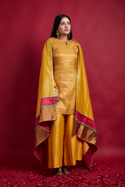 Shop Zigzag Zari Weave Kurta, Palazzo with Dupatta in Turmeric Yellow Chanderi Handloom (Set of 3) - By Vinusto
