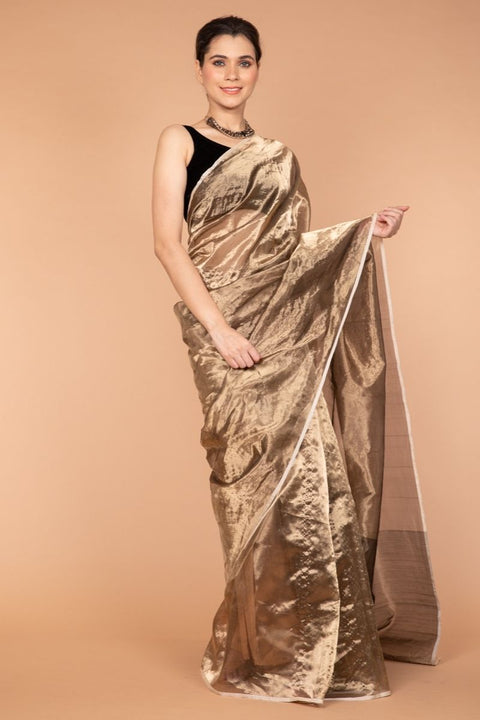Chanderi Hand Loom Zari Silk Saree in Metallic Gold