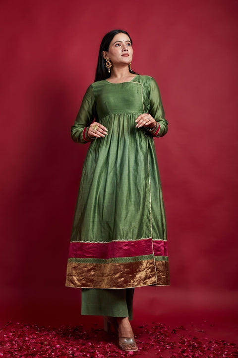 Shop Gathered Wrap Anarkali Kurta with Pants in Chanderi Handloom (Set of 2) - By Vinusto
