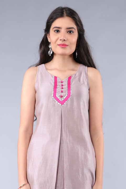 Handcraft Short Shirt Chanderi Kurta & Palazzo in Mauve & Dark Pink with Cotton Dupatta - Set of 3 | Vinusto

