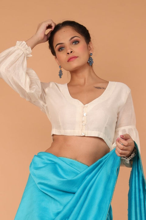 Chanderi Hand Loom Silk Blouse with Balloon Sleeves in Ivory