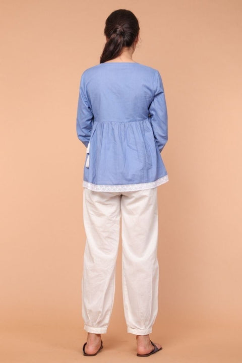 Premium Angrakha Wrapped Top in Oxford Blue with Gathered Pants in White (Set of 2) | Vinusto