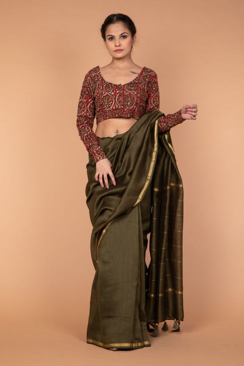 Order Woven Chanderi Sari in Olive Green with Hand Block Printed Cotton Blouse in Maroon | Vinusto