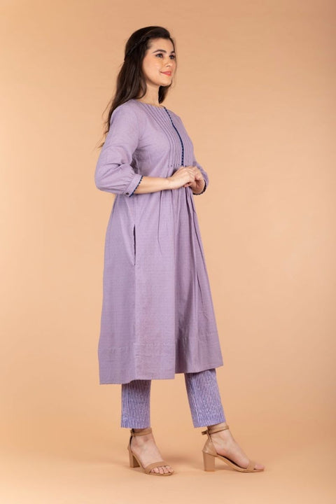 Order Lilac Swiss Dot Cotton Kurta With Pintucks & Pinstripe Straight Pants (set of 2) -  By Vinusto 