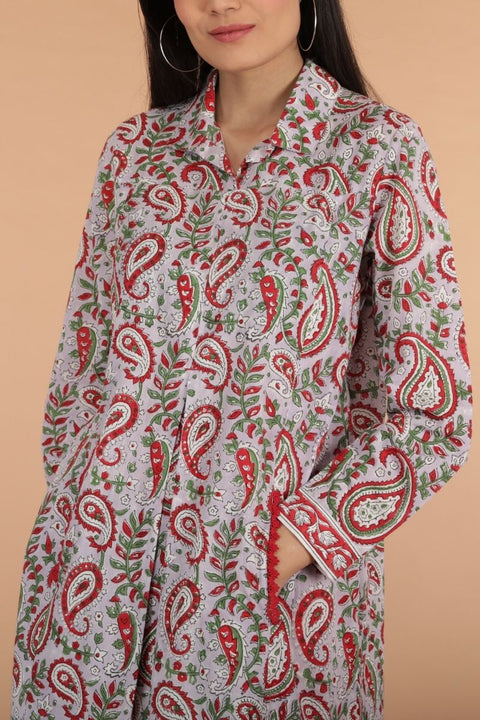 Buy Shirt Kurta in Lilac Hand-Block Print with Red Cotton Palazzo - Set of 2 | Vinusto

