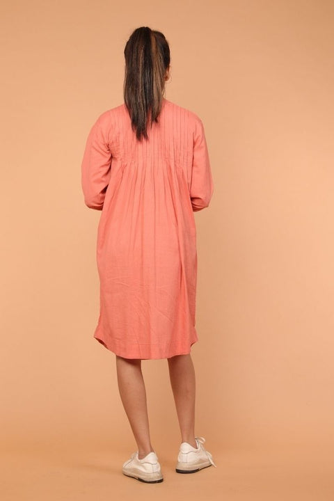 Premium Pintuck Shift Dress in Coral Cotton | Vinusto