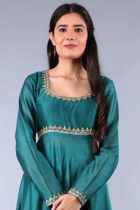 Premium Embroidered Anarkali in Teal Chanderi & Off-White Cotton Palazzo Set – Set of 3


