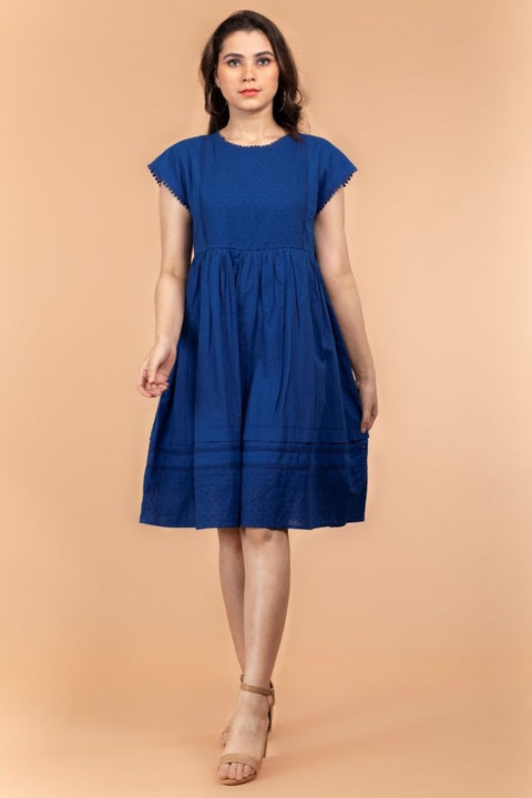 Buy Gathered Dress with Laces in Cobalt Blue Cotton | Vinusto