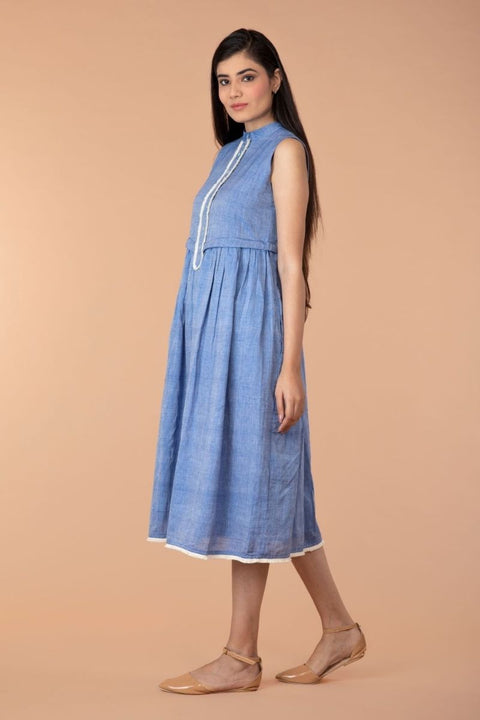Order Chambray Blue Fringe Placket Dress in Sambalpur Handloom Cotton | Vinusto