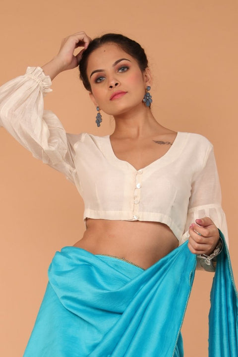 Buy Handcrafted Chanderi Sari in Aqua with Balloon Sleeve Chanderi Blouse in Off-White | Vinusto