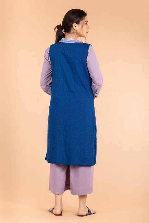 Order Pleated Short Kurta in Lilac Textured Cotton with Lilac Cotton Palazzo & Hand Block Printed Reversible Jacket (Set of 3) | Vinusto