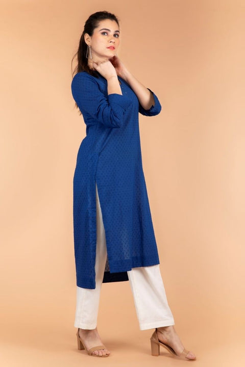 Cobalt Blue Kurta with Forward Slit in Swiss Dot Cotton