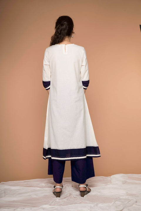 Premium Off-White Color Block A-Line Kurta & Midnight Blue Cotton Palazzo - Set of 2 | Vinusto