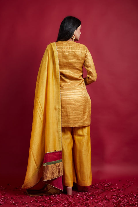 Order Zigzag Zari Weave Short Kurta with Flared Palazzo in Turmeric Yellow Chanderi Handloom (Set of 2) - By Vinusto
