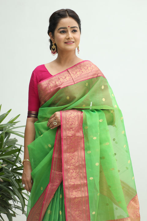 Handcraft Chanderi Silk Sari in Apple Green & Pink – Vinusto

