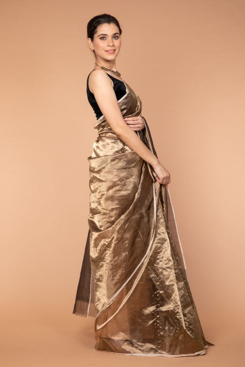 Luxury Chanderi Mercerized Silk Saree in Metallic Gold - Vinusto

