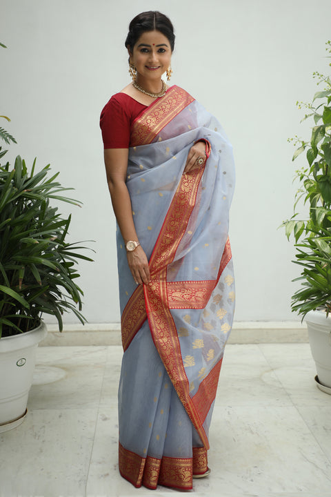 Shop Chanderi Silk Sari in Blue, Grey & Red – Vinusto

