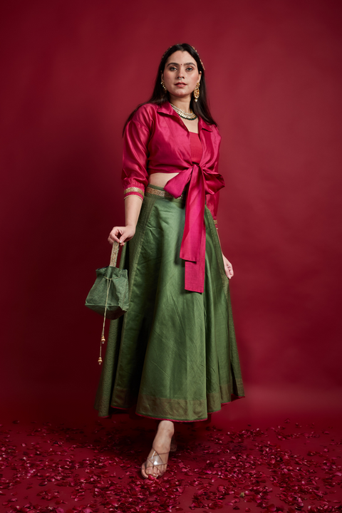 Order Tie Warp Blouse With Stylized High Low Lehanga Set In Pink & Olive Green Chanderi Handloom (Set Of 3) - By Vinusto