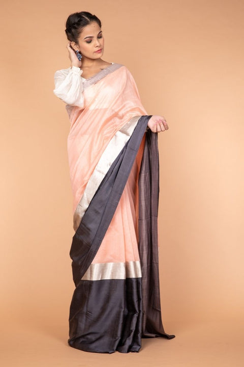 Chanderi Color Block Saree in Peach & Ash Grey with Silver Zari Border
