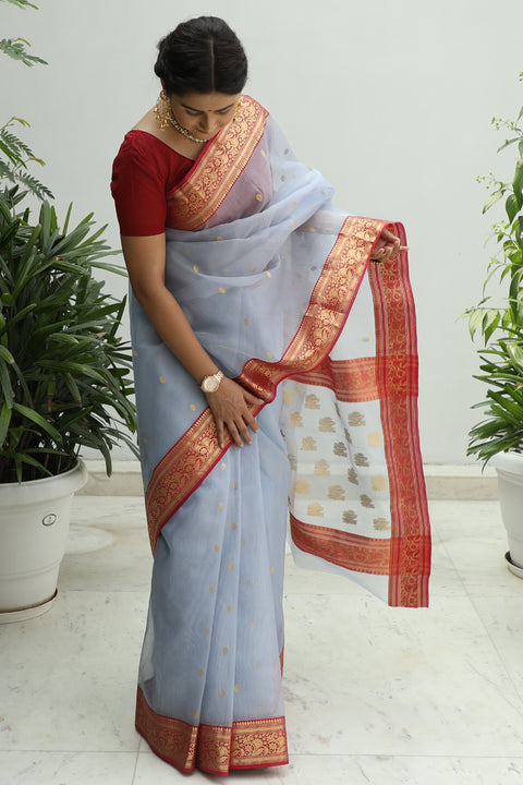 Luxury Chanderi Silk Sari in Blue, Grey & Red – Vinusto

