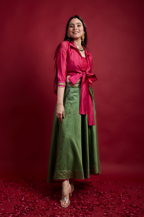Shop Tie Warp Blouse With Stylized High Low Lehanga Set In Pink & Olive Green Chanderi Handloom (Set Of 3)at Best Price online - By Vinusto