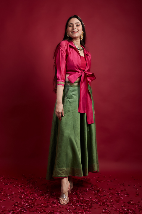 Tie Warp Blouse with Stylized High Low Lehanga Set in Pink & Olive Green Chanderi Handloom (Set of 3)