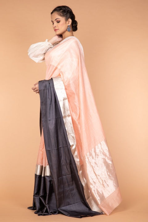 Chanderi Color Block Saree in Peach & Ash Grey with Silver Zari Border