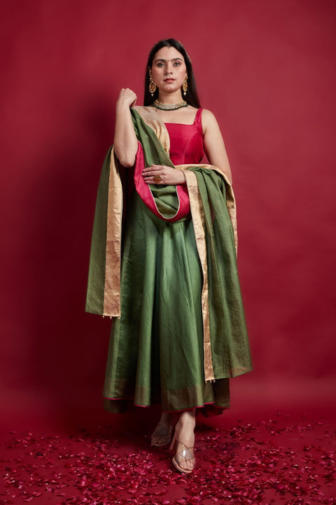 Order Olive Green & Pink High Low Lehanga Set With Embroidered Lace And Dupatta In Chanderi Handloom (Set Of 3) - By Vinusto