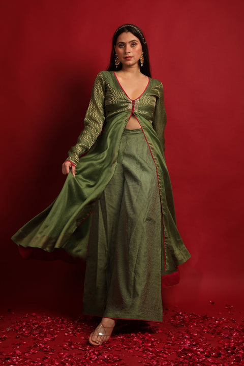 Shop Olive Green Front Open Anarkali with Palazzo in Chanderi Handloom (Set of 3) -  By Vinusto