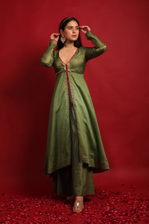 Olive Green Front Open Anarkali with Palazzo in Chanderi Handloom (Set of 3)