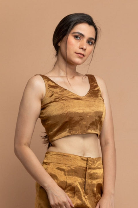 Luxury Sleeveless Gold Zari Blouse | Vinusto