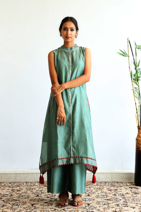 Buy Chanderi Suit Set with Tassels & Gold Trims in Sage Green - Set of 3