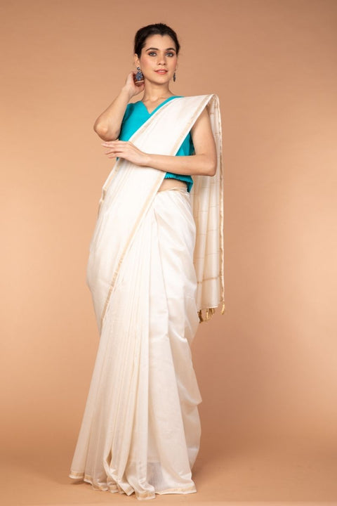 Shop Chanderi Silk Saree in Off-White - Vinusto

