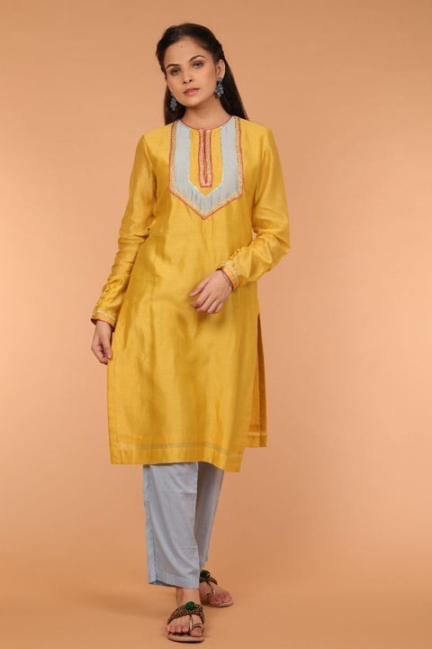 Shop Straight Chanderi Silk Kurta in Yellow & Cotton Pants in Pale Blue – Set of 2

