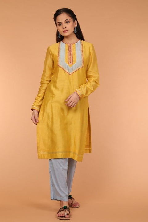 Straight Kurta in Yellow Chanderi Silk with Straight Cotton Pants in Pale Blue (Set of 2)
