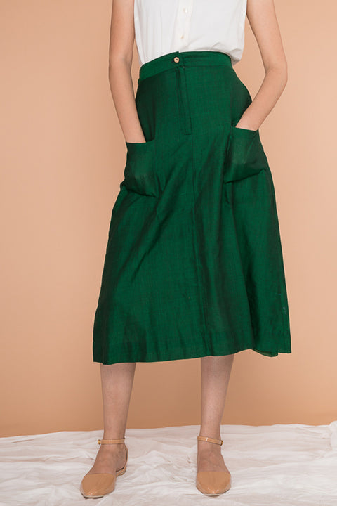 A-line skirt in handwoven Sambalpur cotton in Dark forest green