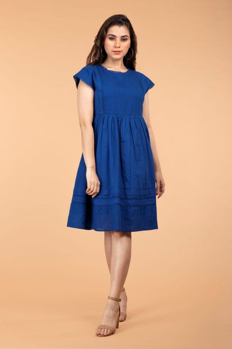 Order Gathered Dress with Laces in Cobalt Blue Cotton | Vinusto