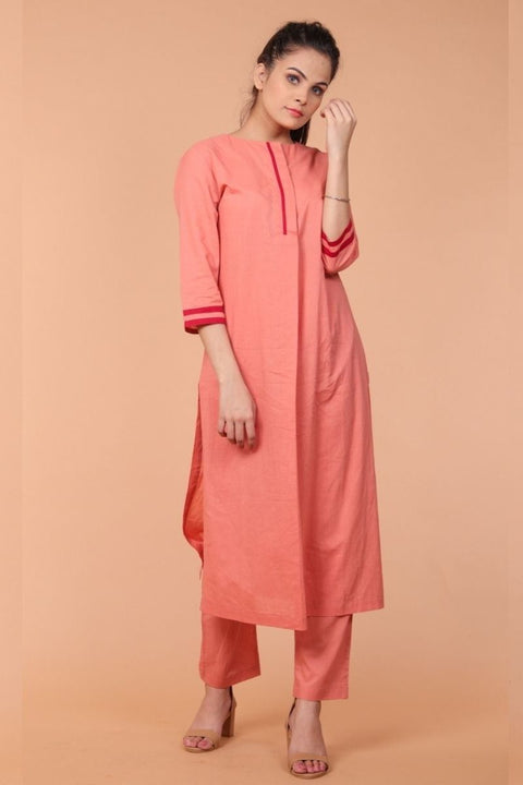 Shop Pleated Cotton Kurta & Straight Pants in Coral - Set of 2 | Vinusto

