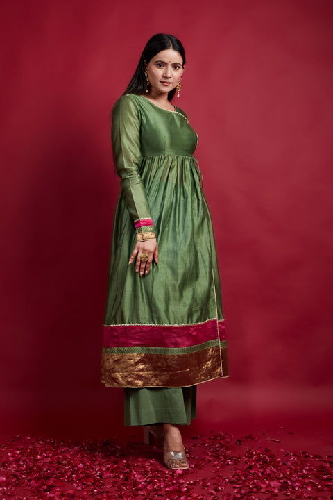Order Gathered Wrap Anarkali Kurta with Pants in Chanderi Handloom (Set of 2) - By Vinusto
