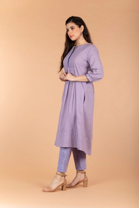 Luxury Lilac Swiss Dot Cotton Kurta With Pintucks & Pinstripe Straight Pants (set of 2) -  By Vinusto 