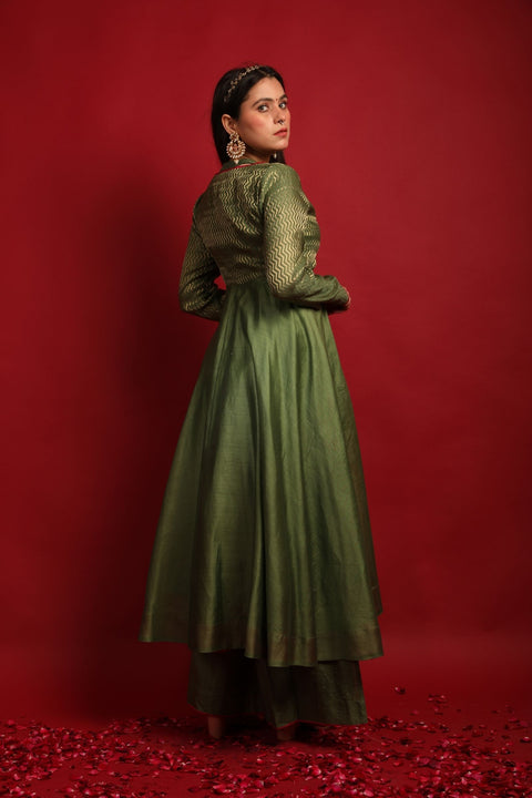 Order Olive Green Front Open Anarkali with Palazzo in Chanderi Handloom (Set of 3) -  By Vinusto