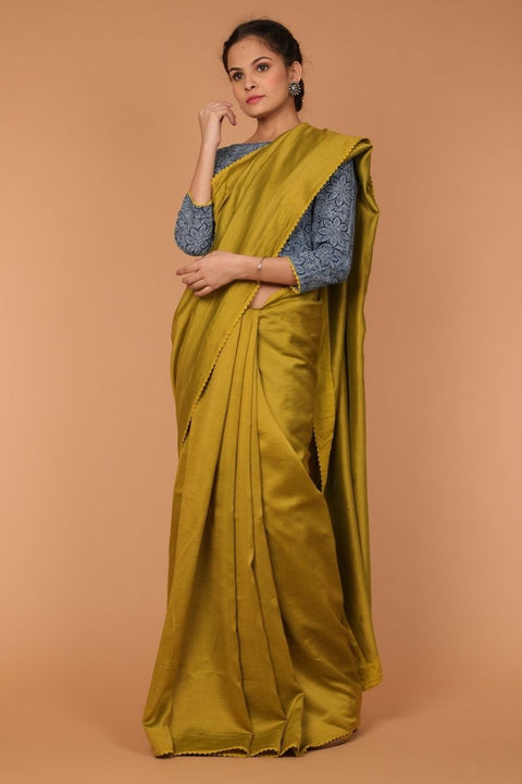 Handcrafted Chanderi Silk Saree in Lime with Zigzag Lace