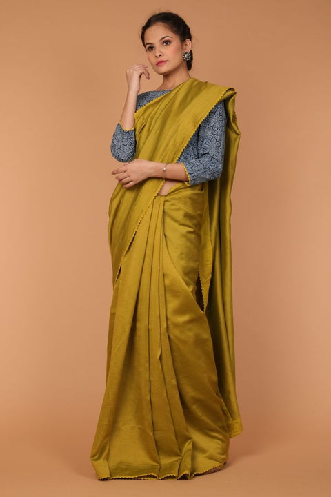 Shop Handcrafted Chanderi Sari in Lime with Hand Block Printed Cotton Blouse in Indigo | Vinusto