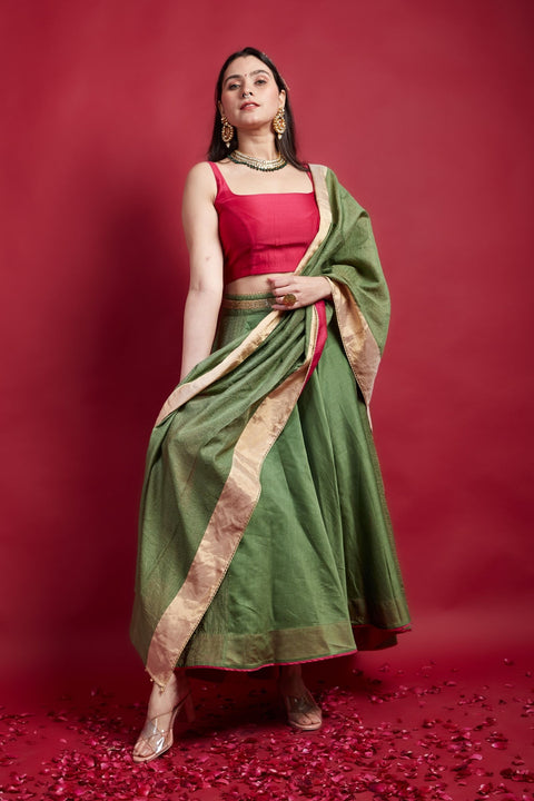 Buy Olive Green & Pink High Low Lehanga Set With Embroidered Lace And Dupatta In Chanderi Handloom (Set Of 3) - By Vinusto