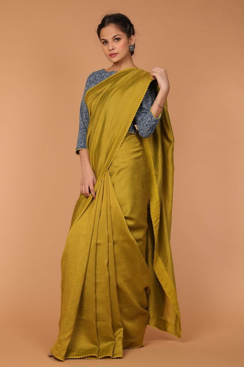 Buy Handcrafted Lime Chanderi Silk Saree with Zigzag Lace – Elegant & Stylish

