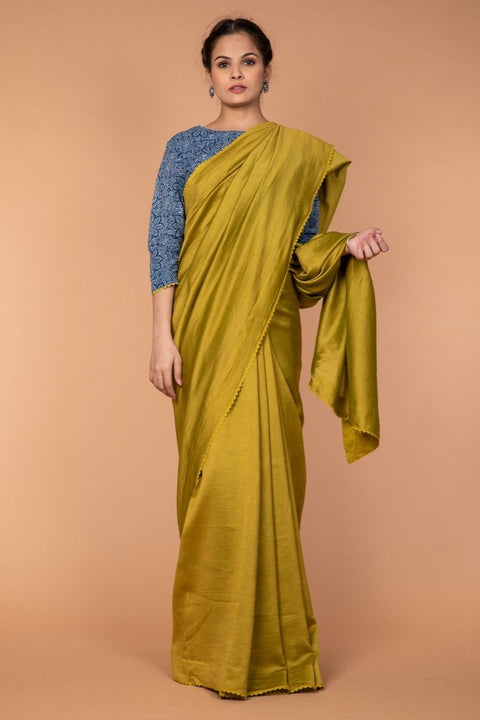 Order Handcrafted Lime Chanderi Silk Saree with Zigzag Lace – Elegant & Stylish


