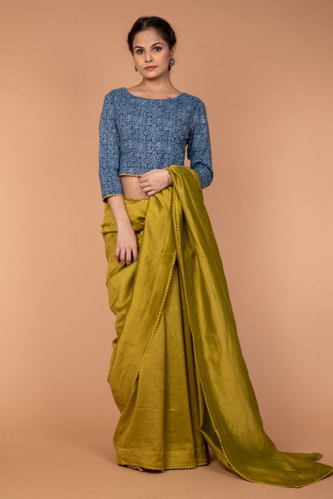 Luxury Handcrafted Lime Chanderi Silk Saree with Zigzag Lace – Elegant & Stylish

