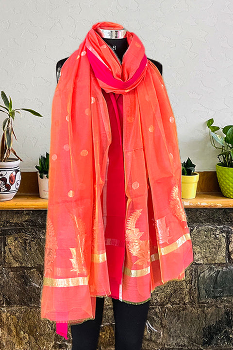 Buy Chanderi Mercerised Silk Dupatta in Orange & Pink | Vinusto