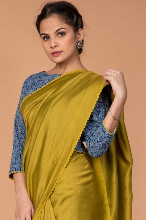 Buy Handcrafted Chanderi Sari in Lime with Hand Block Printed Cotton Blouse in Indigo | Vinusto