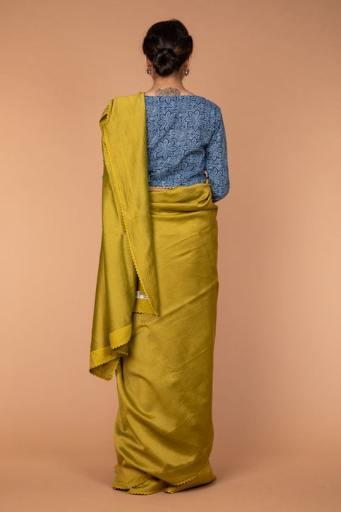 Premium Handcrafted Chanderi Sari in Lime with Hand Block Printed Cotton Blouse in Indigo | Vinusto
